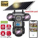 12MP 4G SIM Solar Security IP Camera Outdoor 3 Lens PTZ CCTV Motion Detection
