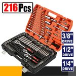 216Pcs Ratchet Spanner Socket Set 1/2" 1/4" 3/8" Tool Kit Toolbox Steel Car DIY