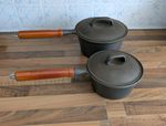 2 Vintage Cast Iron 2 & 1  Quart Sauce Pans Pots With Lid  Wooden Handle Taiwan