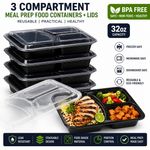 3 Compartment Meal Prep Containers with Lids Reusable Food Boxes Microwave Safe