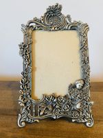 Vntg Ornate Pewter Dresser Table Photograph Frame w/ Filigree Design @ 4.5”x 3”