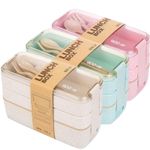 Triple Layered Bento Style Box Eco-Friendly Lunch Set With Cutlery 3 Colours