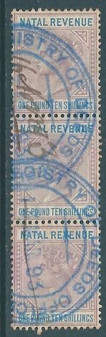 NATAL 1885 Queen Victoria used strip of £1 10/- Revenue stamps