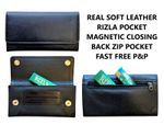 Soft Black Leather Tobacco Pouch Case Organiser with Zip & Rolling Paper Pocket