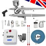 Professional Airbrush Compressor Kit w/ 2x Airbrushes & 0.2/0.3/0.5mm Nozzles