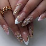 24pcs Pink French Tip Press On Nails 3D Flower Gold Chrome Coffin Nails Set