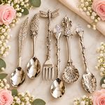NEW- Set of 6 Vintage-Style Decorative Spoons & Fork – Ornate Serving/Coffee Set