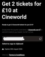 2x Cineworld Cinema 2D Adult Tickets for £10 (£5 each) - valid Monday-Thursday