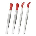 Craft Tweezers with Rubber Tips, 4 Pcs PVC Coated Tweezers Set, Red 5.9" 6.1"