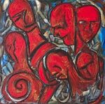 Talking Heads.Abstract Figurative Portrait Painting. Red Figures On Board