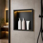 FTL Shower Niche with LED Light 30x30cm Black Stainless Steel Recessed Wall