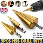 3 Pcs Large HSS Steel Step Cone Drill Titanium Bit Set Hole Cutter 4-12/20/32mm