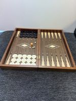 Vintage Inlaid Wooden Backgammon Set Complete