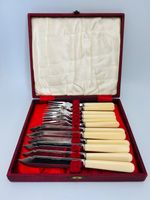 Vintage EPNS Fish Knives & Forks Cutlery Set Cream Faux Bone Handles - Worn Box