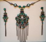 Antique Bronze Green Crystal Statement Necklace Earrings Set Boho Art Deco