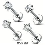 4Pc Surgical Steel Labret Stud 16G CZ Earring Flat Back Tragus Helix Piercing