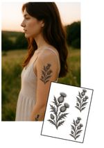 Scottish Thistle Temporary Tattoo Sheet – Elegant Botanical Black Ink Design