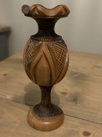 Vintage Hand Carved Etched Turned  Olive Wood Decorative Urn Vase Mid Century 
