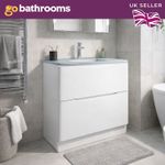 900mm White Gloss Vanity Unit Floor Standing 2 Drawer & Glass Basin
