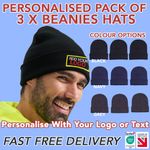 Personalised Beanie hats, EMBROIDERED with FREE TEXT & LOGO, Pack of 3 beanies