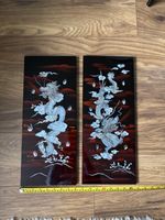 Vintage Pair of Chinese Style Lacquer Wall Plaques Mother of Pearl Dragon Inlay