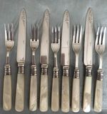 Antique Mappin & Webb Silver Plate Fruit Knives & Forks Mother Of Pearl Handles 
