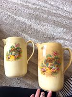 2x Cream Ceramic Jugs with Handles, Glossy Finish, Cottage Pattern, Decor