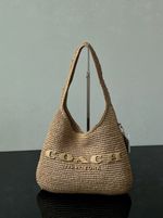 COACH CDU75 Brass/Natural Straw Refined Leather Brooklyn Shoulder Bag 28 NEW