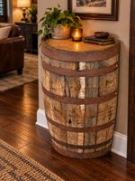 HALF AN OAK WHISKEY BARREL SIDE WALL TABLE - RUSTIC BAR MAN CAVE PUB SIDE STAND