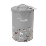 Dog Treat Tin Grey Illustrated Puppy Food Storage Container With Lid Tub Jar