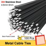 100x Stainless Steel Metal Cable Ties Black Plastic-Coated 4.6mm 8mm Cable Ties