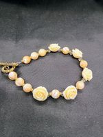 Hand Made Blush Agate Beaded Bracelet with Carved Roses and Gold Tone Spacers