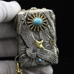 Tibetan Silver Heavy Armor Zippo Lighter - Turquoise Sun & Eagle Feathers