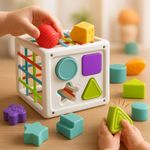 11 in 1 Baby Shape Sorter Montessori Sensory Cube with Elastic Bands, Soft Edge