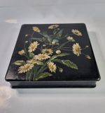 Early 20th Century Papier Mache Box Flowers Bird Square Trinkets Hankerchief