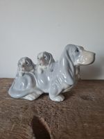 Vintage Basset Hound Dog And Puppies Figurine, Glossy Porcelain.