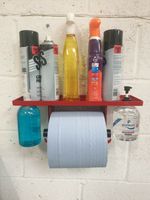 Blue Roll Paper Holder, & soap dispensers and storage area with bin bag holder