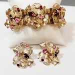 Vintage Pink Red Rhinestone Goldtone Leaves Bacelet & Earrings Henkel & Grosse?