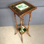 Antique Victorian Tiger Bamboo Plant stand with Art Nouveau majolica tiles