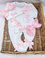 Baby Girl BABYGROW Hat Pink Bows Mitts Headband Personalised NEWBORN set Bows X