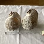 two carved conch shells with finely carved women and animals.