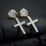 Iced Men Gold Plated Round Stud Cross Dangle Drop Hanging Hoop Earrings