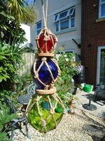 3 Large Fishing Boat Net Glass Floats & Rope  Green Blue Amber Ball Nautical RT