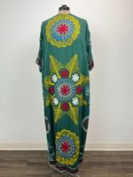 Vintage Green Kaftan Djellaba Maxi Dress Colorful Embroidery L XL XXL Festival