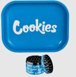 Blue Metal Rolling Tray & 4 Piece Aluminum Grinder Set Cookies Style Design