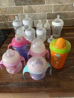 Assortment Of Baby Bottles And Sippy Cups With And Without Handles.