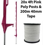 20 x 4ft (120cm) Electric Fence Pink Posts with 200m of 40mm Poly Tape Fencing