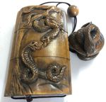 Inro Brown Sneak Animal Netsuke Ojime Wood Carved Tool Box Japanese