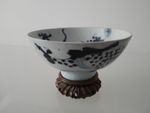 Tongzhi Qing Dragon Bowl – Blue & White – Kangxi Mark – Rosewood Stand – Cert
