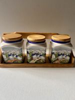 Vintage Country Goose Ceramic Canister Set 3 Jars Wooden Caddy 1980s/90s